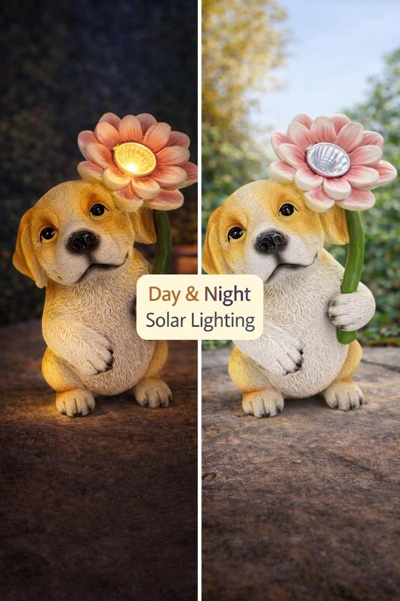 GoGnome Solar Dog Garden Statue with LED Flower – Hand-Painted Resin Puppy Figurine, Solar Powered Outdoor Garden Decor, Auto On/Off Yard Light Gift (Puppy) - Image 1